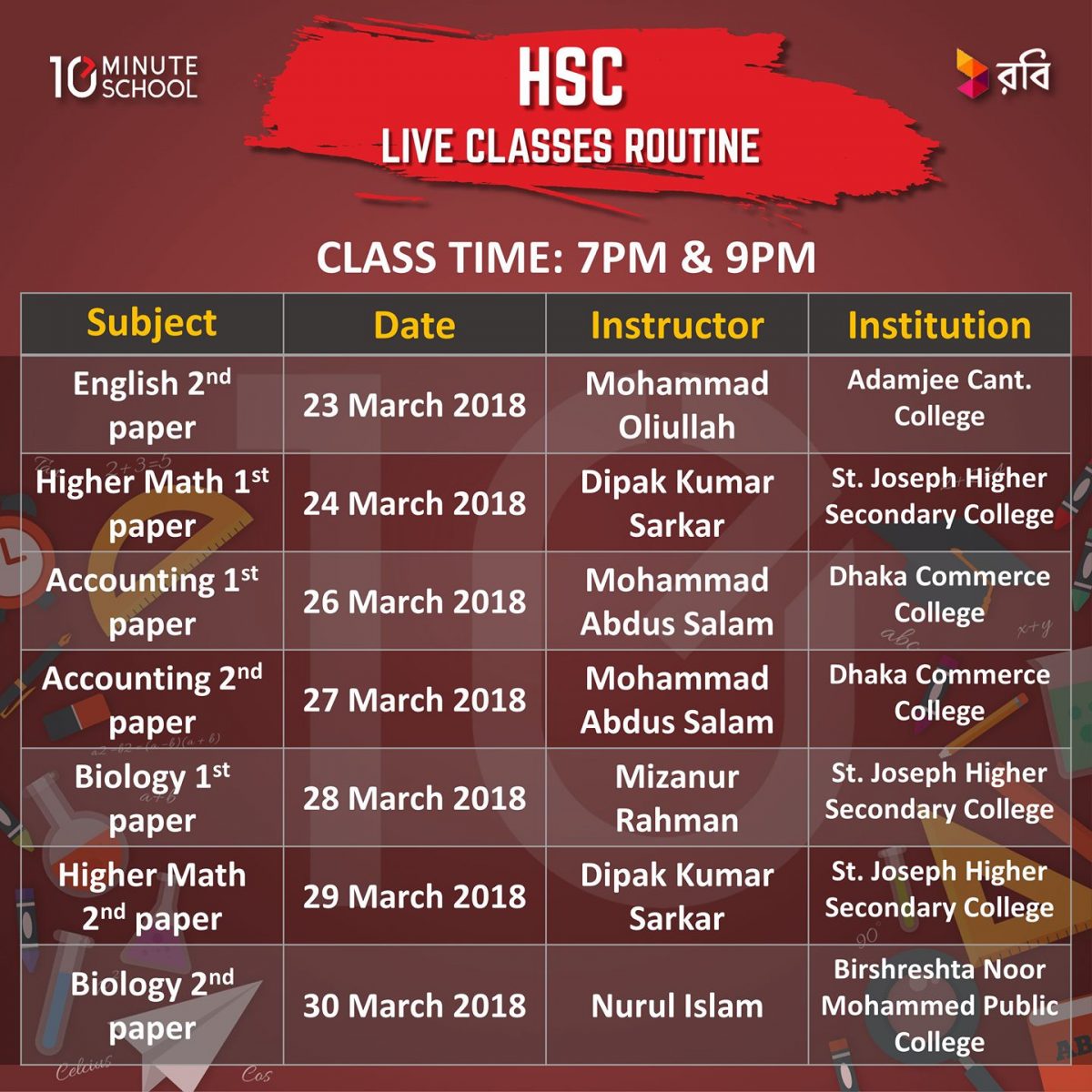  Class Routine of Live class 2020 