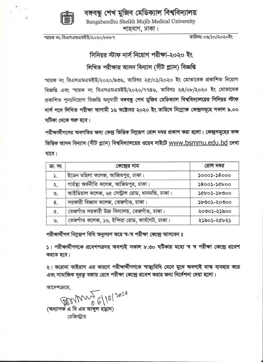 bsmmu senior staff nurse seat plan